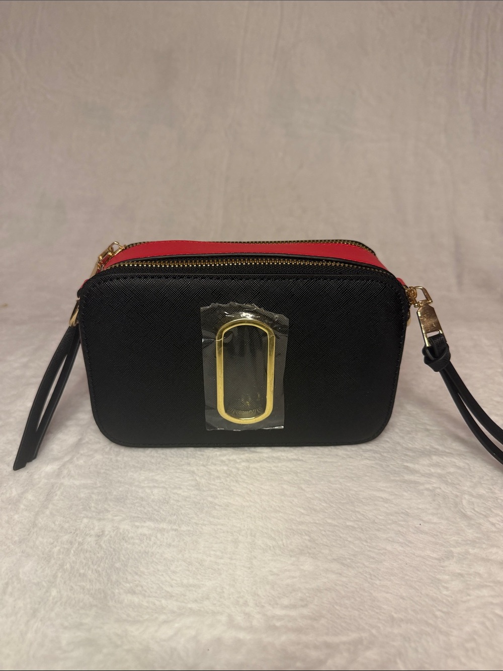 Black and Red Crossbody Camera Bag with Gold Hardware